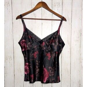 Black Floral Satin Cami Tank Top Size L Goth Romantic Dark Academia Whimsigoth